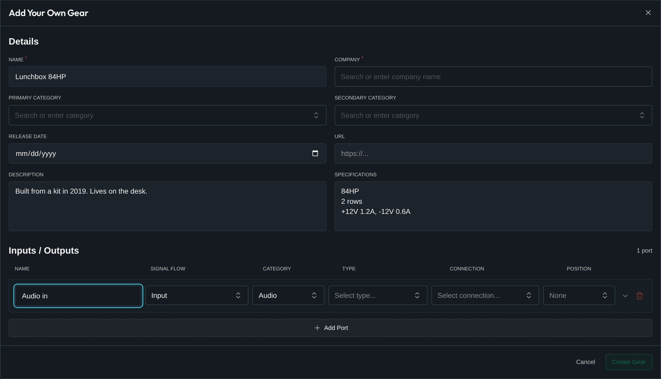 The Add Your Own Gear form with a name, a description, specifications and an audio input