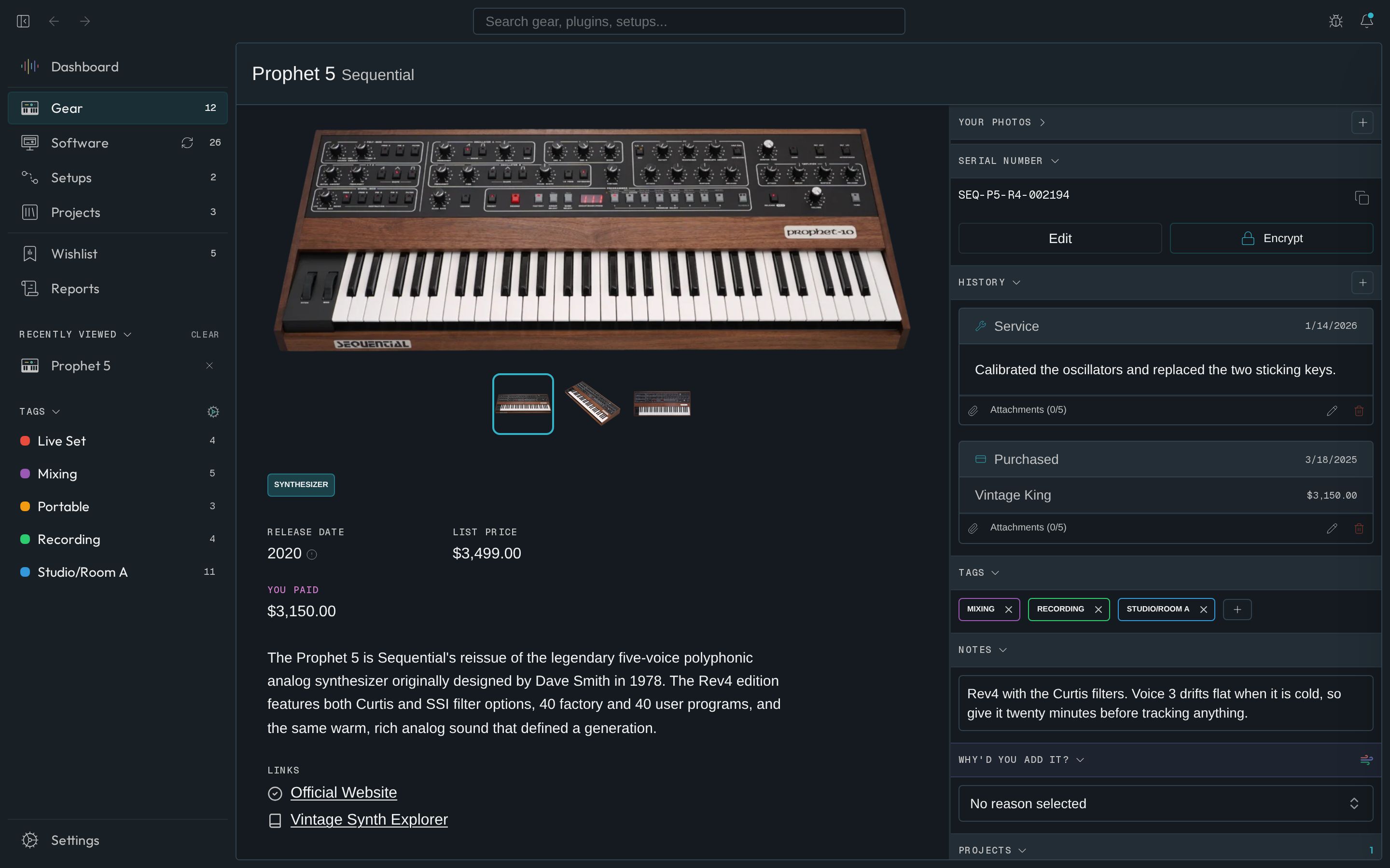 A Prophet-5 in Aureo: its catalog details beside the owner's serial number, history, tags and notes