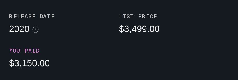 A synth's release date and list price of $3,499, and what the owner paid, $3,150
