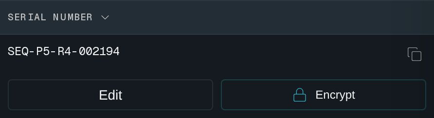 A serial number with buttons to edit and encrypt it