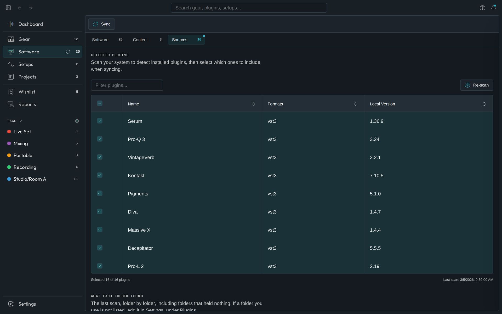 The plugin library in Aureo after a scan, each plugin with its format and version