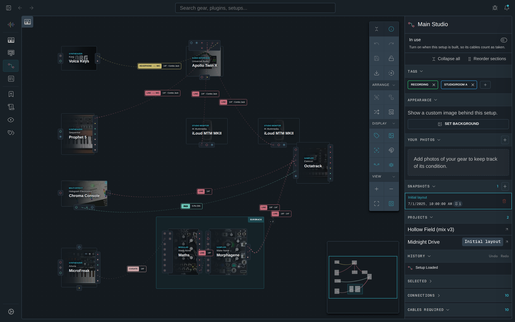 A setup canvas where each gear node shows a photo of the hardware