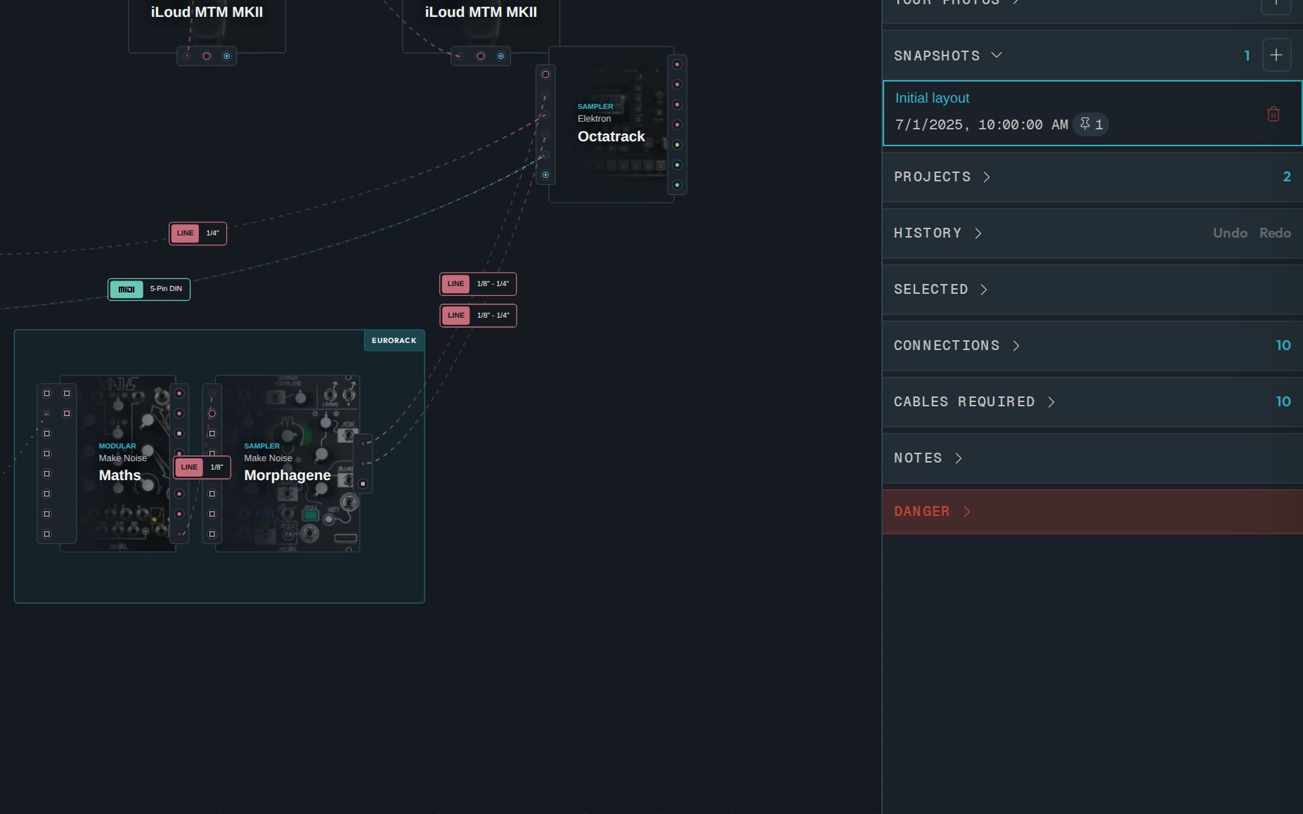 A setup saved as a snapshot, a cable moved to another input, and the snapshot restored