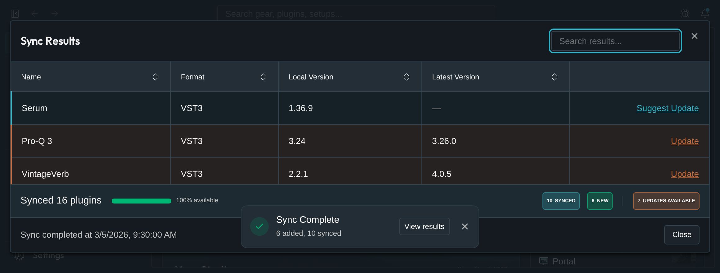 Scanned plugins matched to catalog entries, with local and latest versions